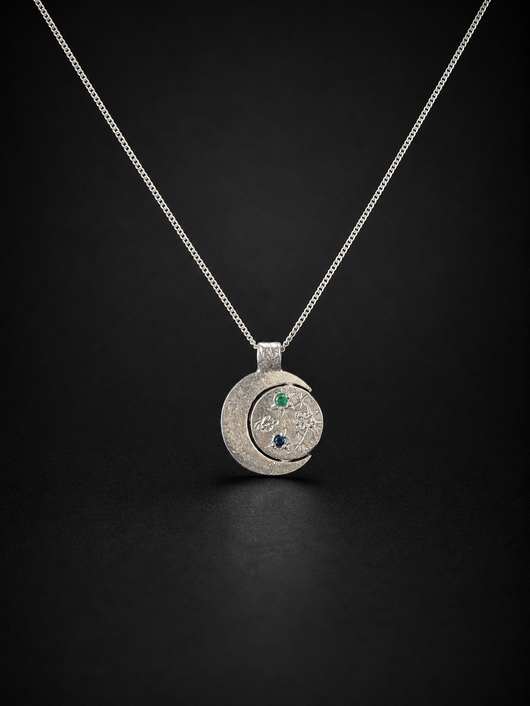 Pocket Galaxy Silver Necklace | Blue Sapphire, White Sapphire, Emerald 2243-6