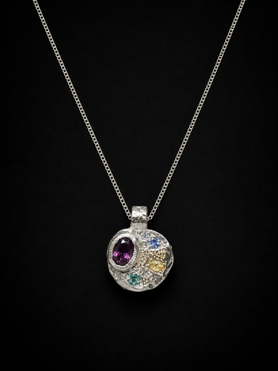 Sculpture Silver Pendant | Garnet, Emerald, Blue & Yellow Sapphire 2275-5