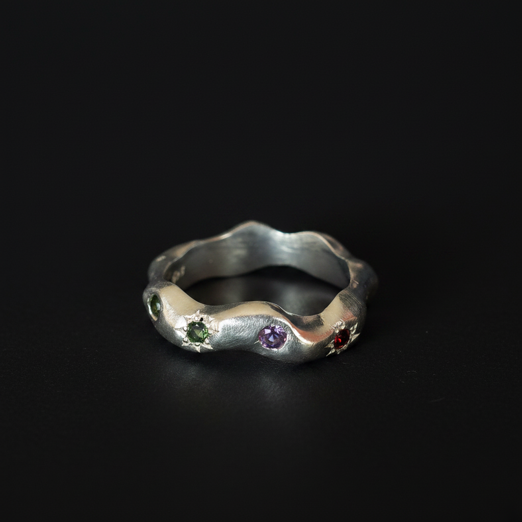 Liquid Gem Silver Band | Amethyst & White Sapphire 1587-8