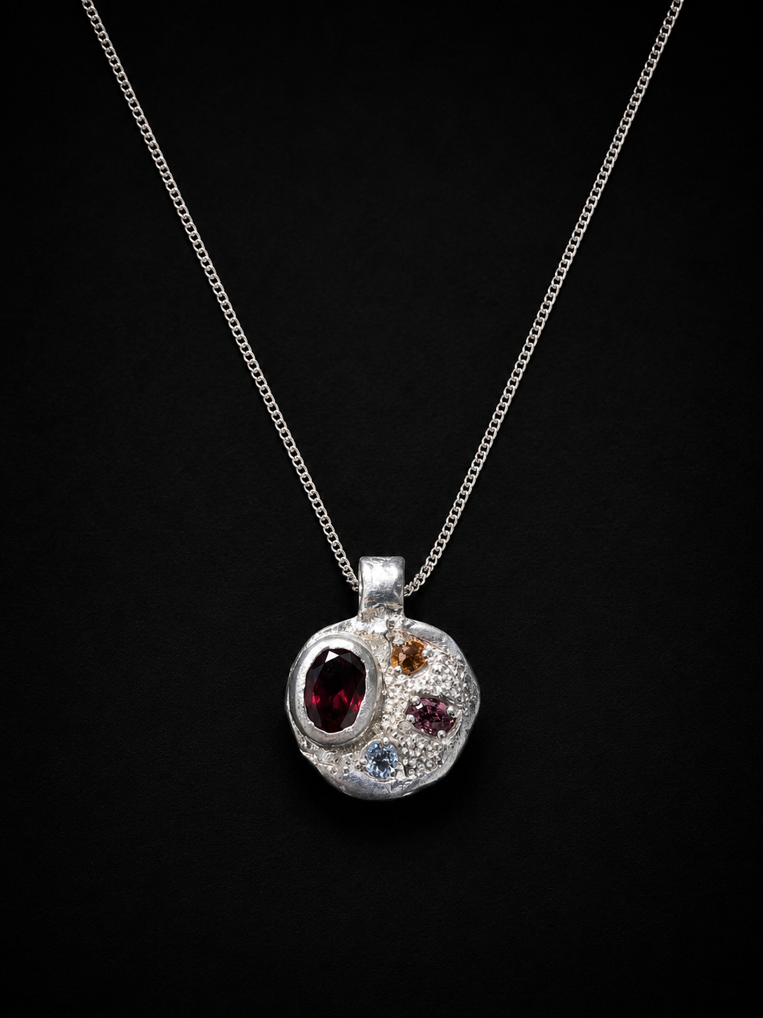 Sculpture Silver Pendant | Garnet, Pink Tourmaline, Orange & White Sapphire 2275-4