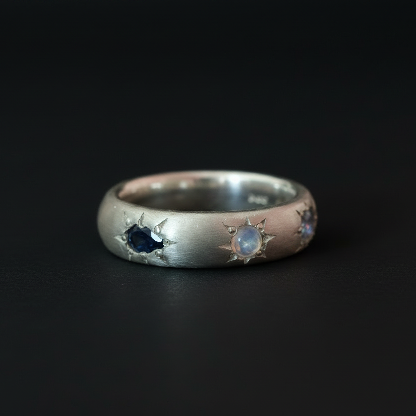 Ceres Silver Band | Blue Sapphire, Moonstone, Spinel & Yellow Tourmaline 2230-1