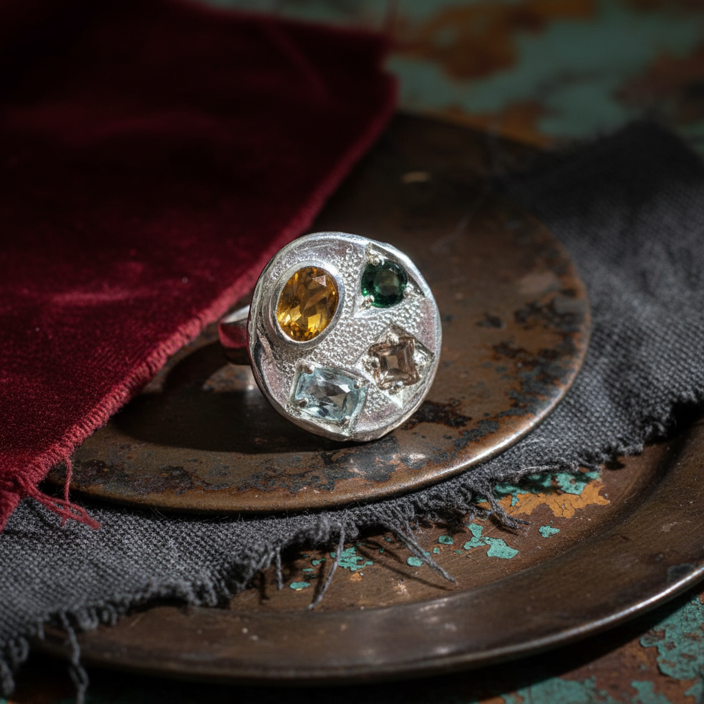 Palette silver Ring - Citrine, Blue Topaz, Pink Tourmaline & Green Tourmaline 1482-1