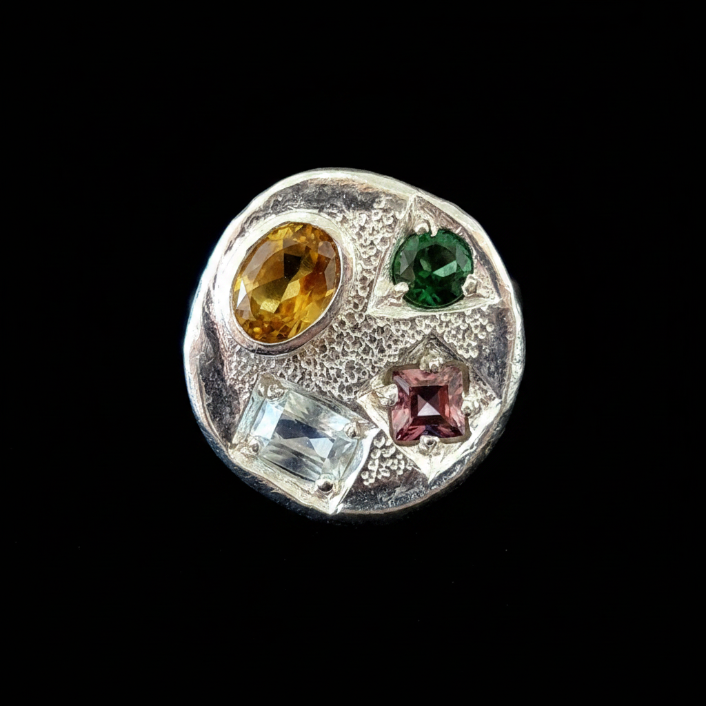 Palette silver Ring - Citrine, Blue Topaz, Pink Tourmaline & Green Tourmaline 1482-1