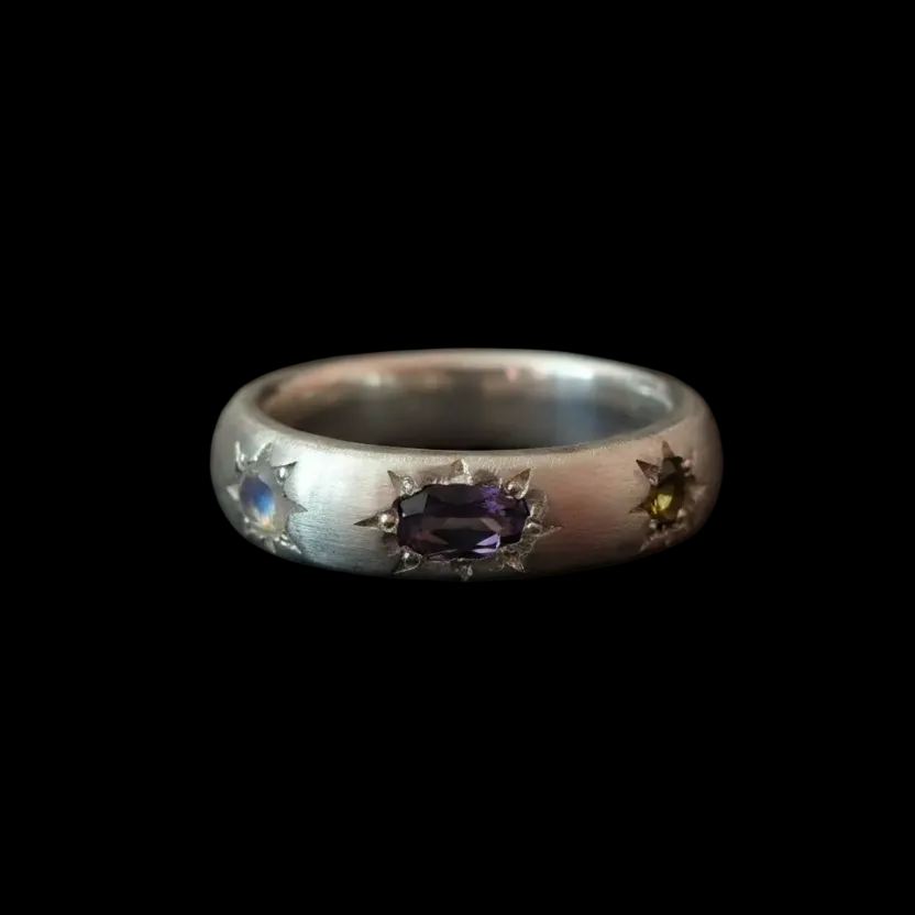 Ceres Silver Band | Blue Sapphire, Moonstone, Spinel & Yellow Tourmaline 2230-1