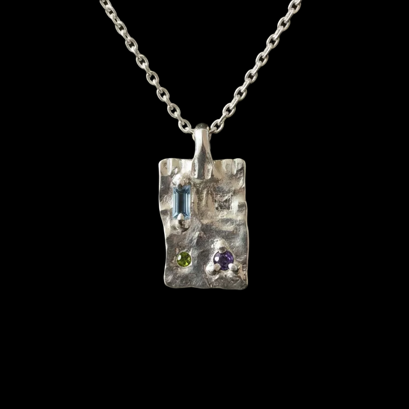 Talisman Ingot Silver Pendant | Blue Topaz, Green Tourmaline, Green & Purple Sapphire 1823-1