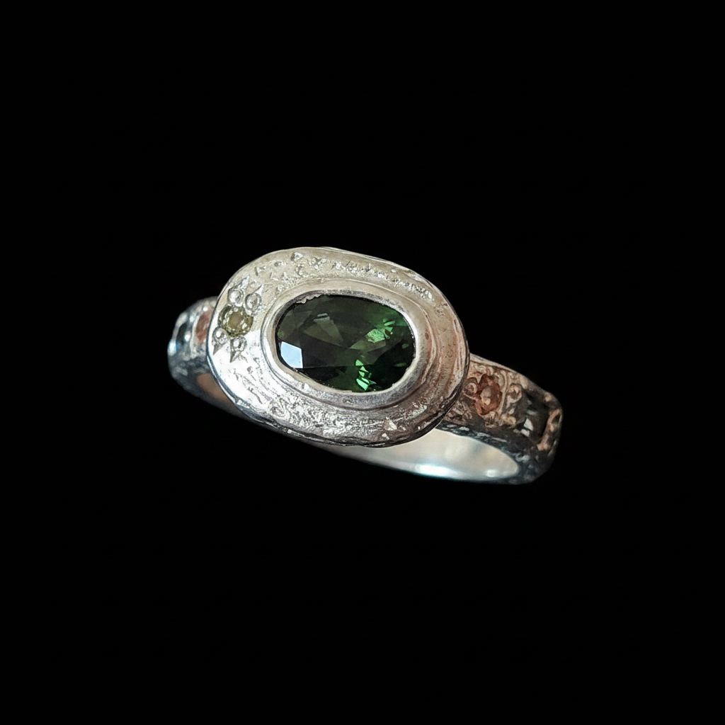Poet Silver Ring | Green Zircon, Peridot, Orange & Green Sapphire 2217-3