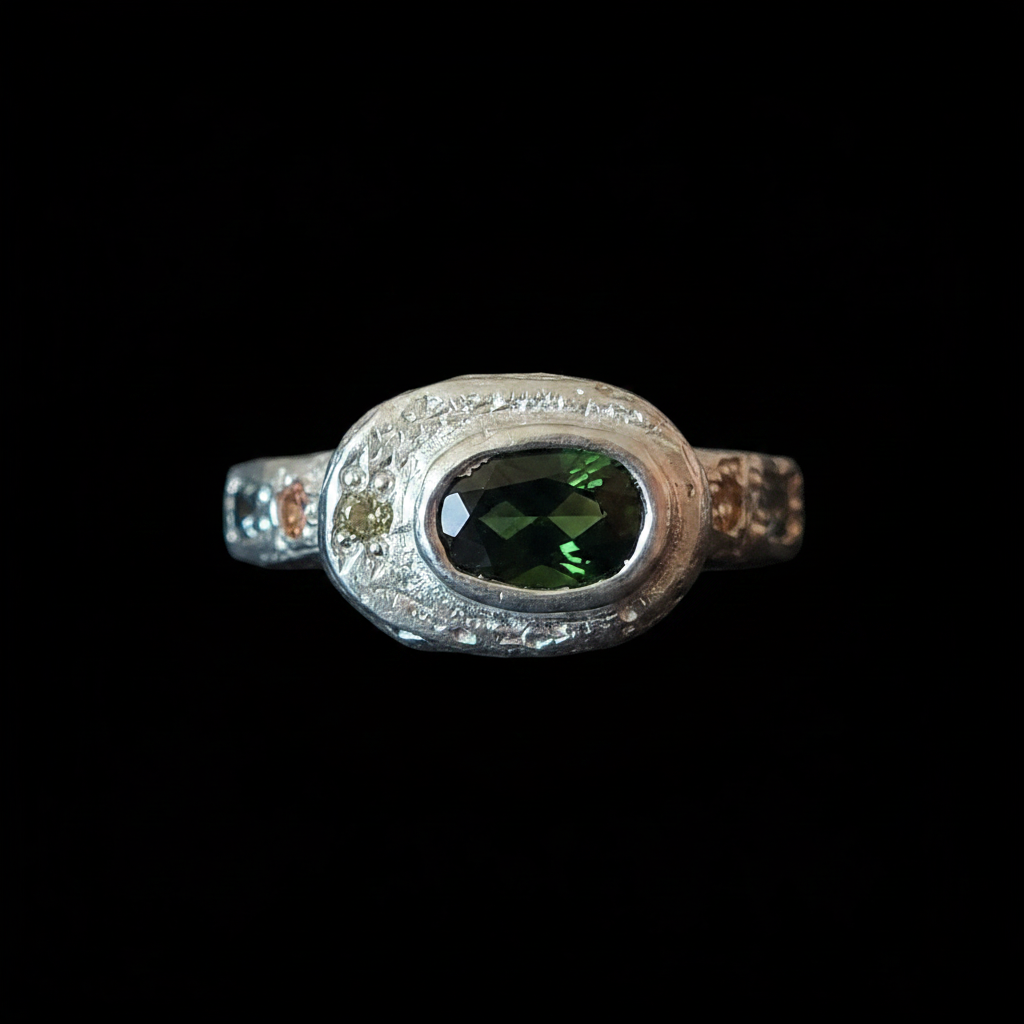 Poet Silver Ring | Green Zircon, Peridot, Orange & Green Sapphire 2217-3
