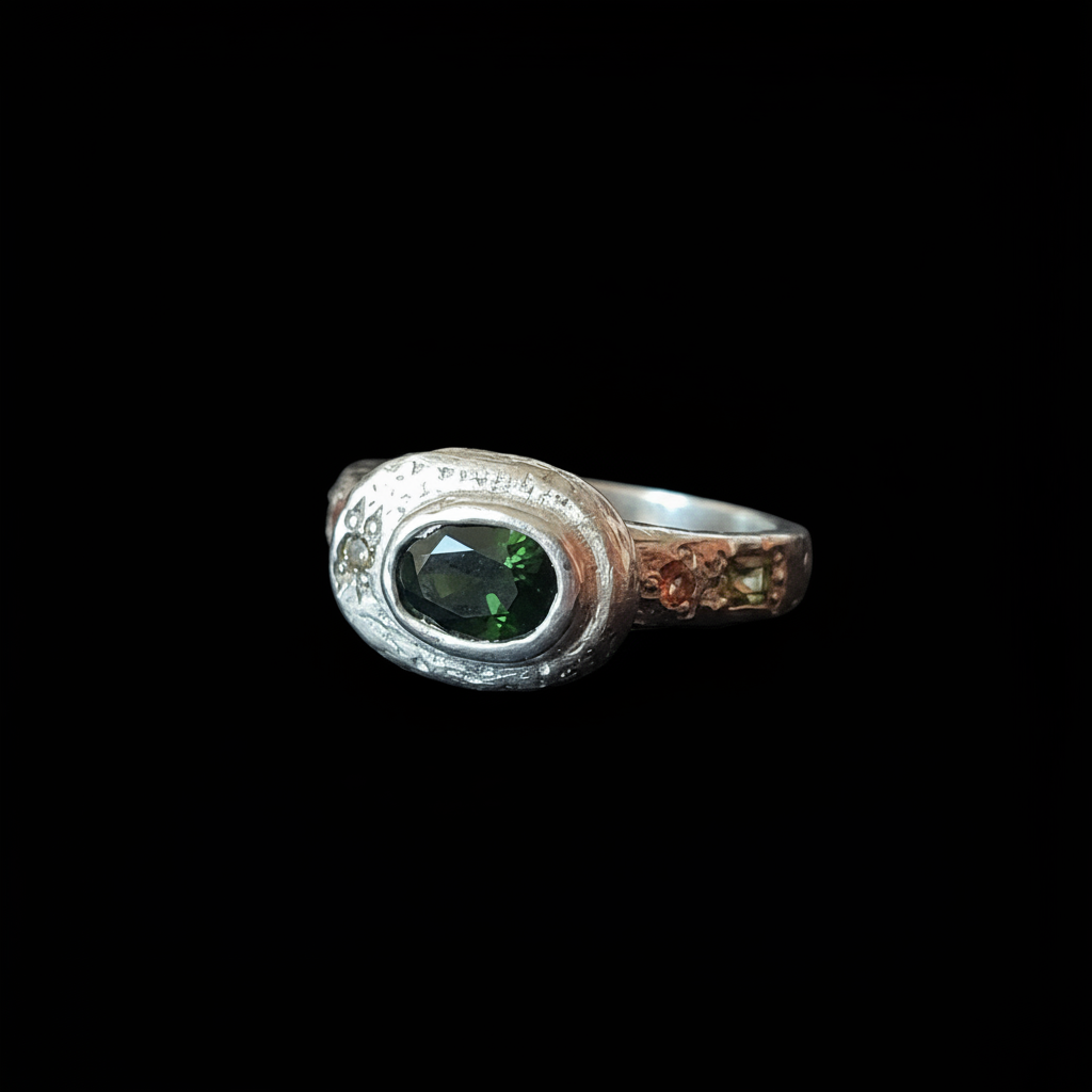 Poet Silver Ring | Green Zircon, Peridot, Orange & Green Sapphire 2217-3