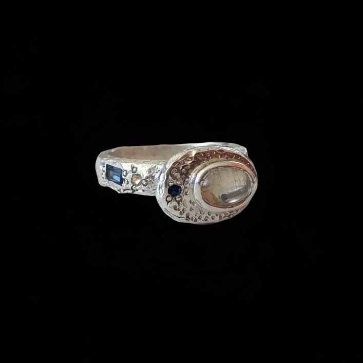 Poet Silver Ring | Moonstone, Blue & Yellow Sapphire 2217-5