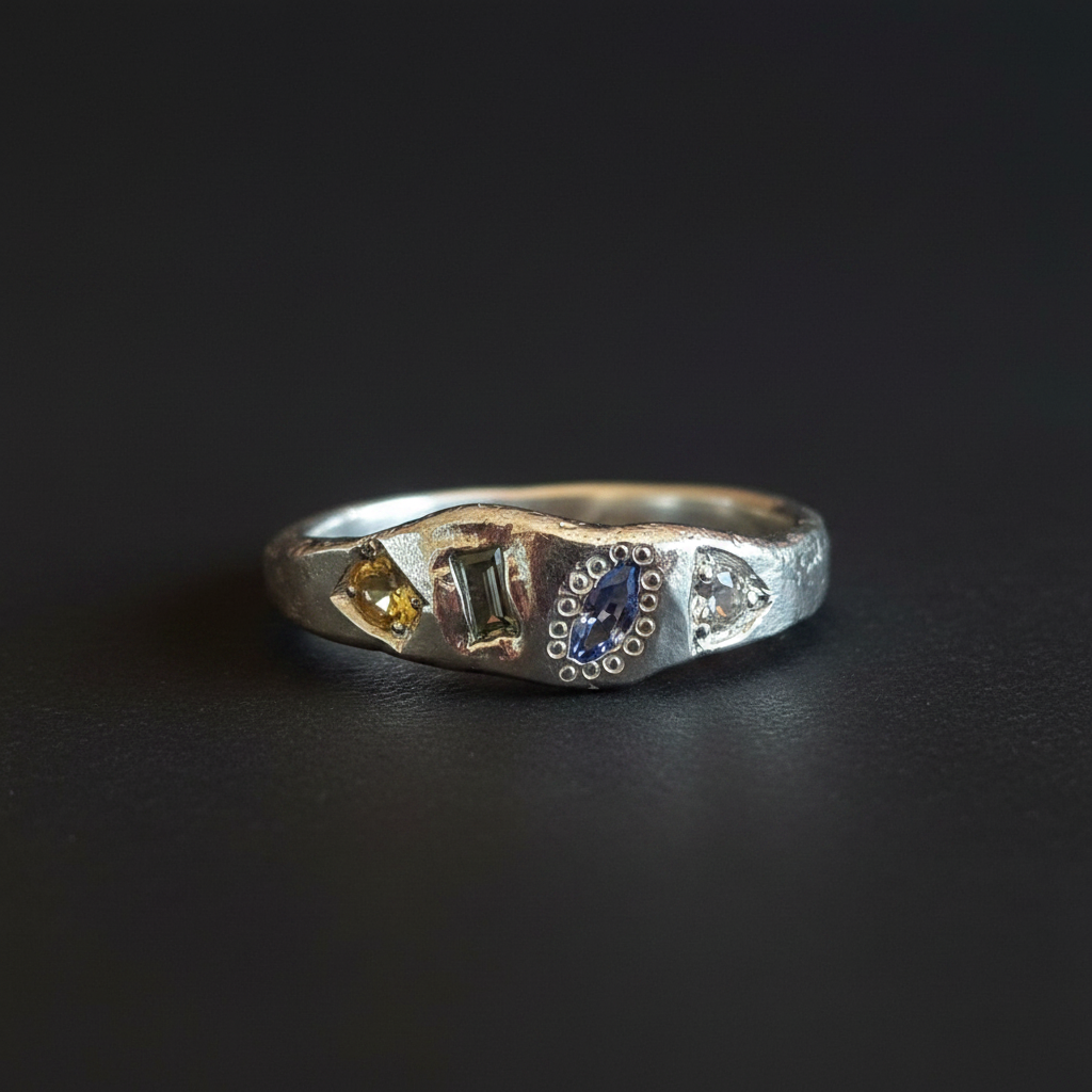 Dancer Silver Ring | Aquamarine, Blue, Green & Yellow Sapphire 2223-10