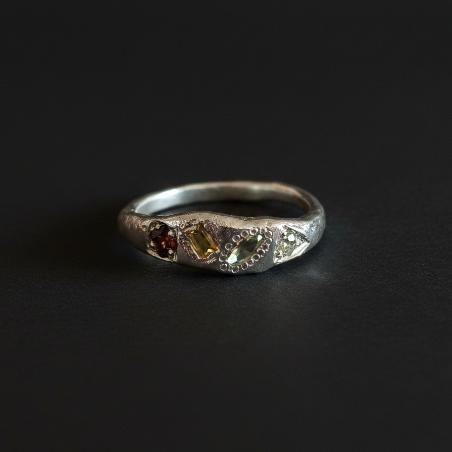 Dancer Silver Ring | Garnet, Aquamarine, Green & Yellow Sapphire 2223-1