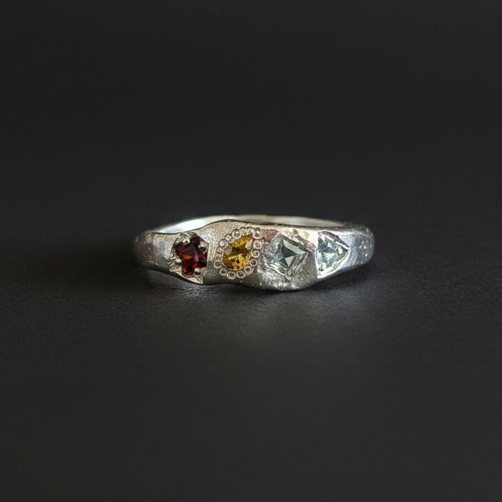 Dancer Silver Ring | Garnet, Aquamarine, Yellow & Green Sapphire 2223-3