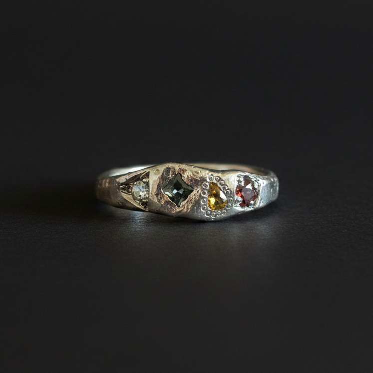 Dancer Silver Ring | Aquamarine, Garnet, Yellow & Green Sapphire 2223-4