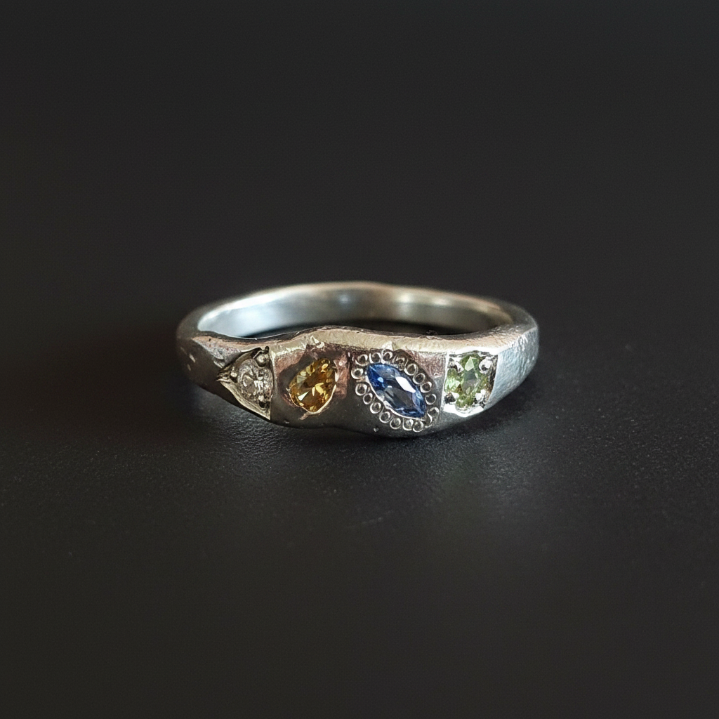 Dancer Silver Ring | Aquamarine, Blue, Green & Yellow Sapphire 2223-6