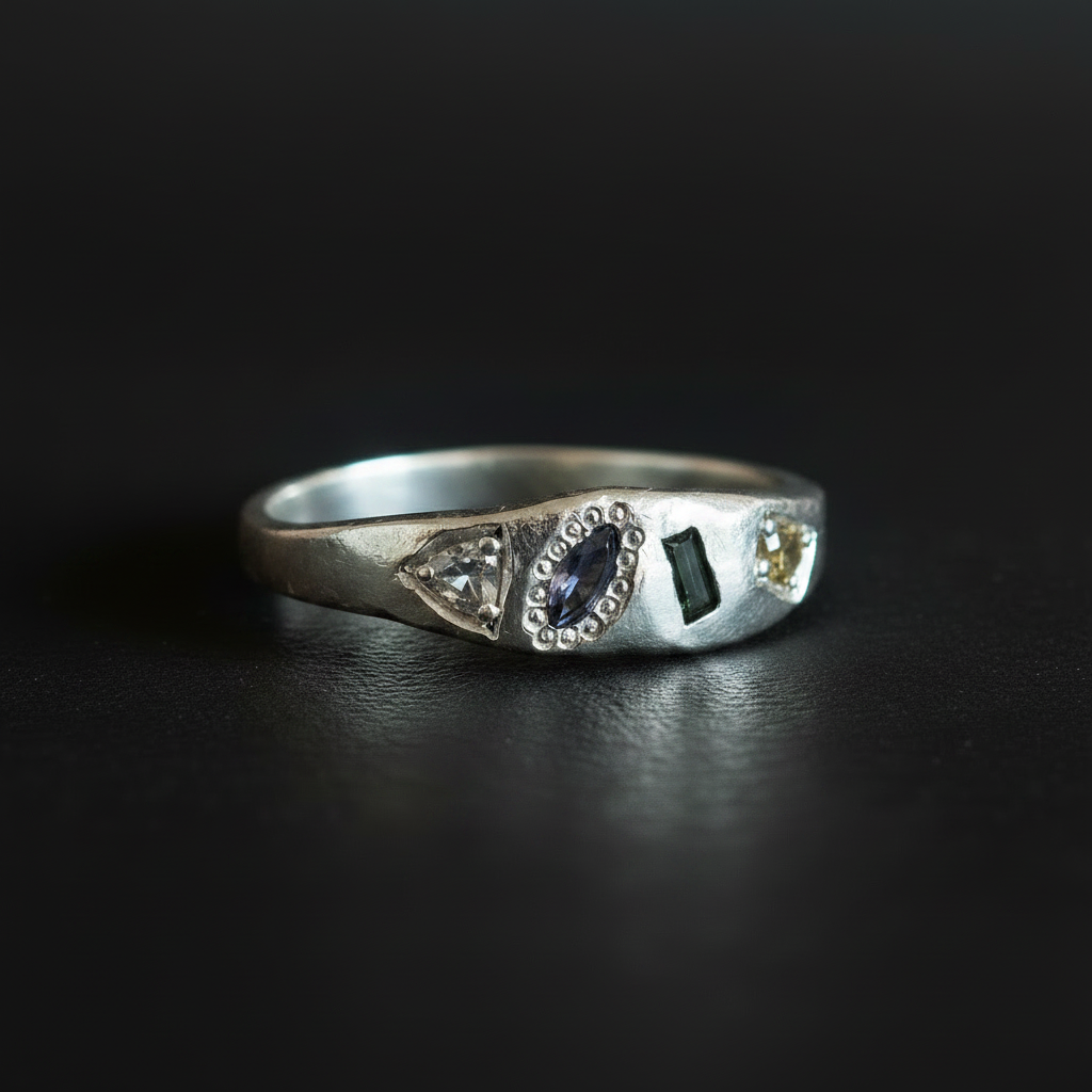 Dancer Silver Ring | Aquamarine, Blue, Green & Yellow Sapphire 2223-10