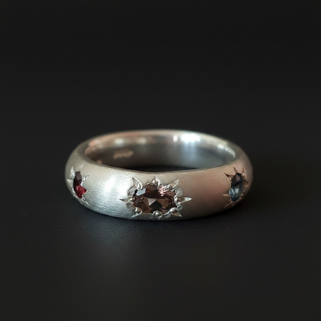 Ceres Silver Band | Garnet, White, Brown & Blue Sapphire 2230-2