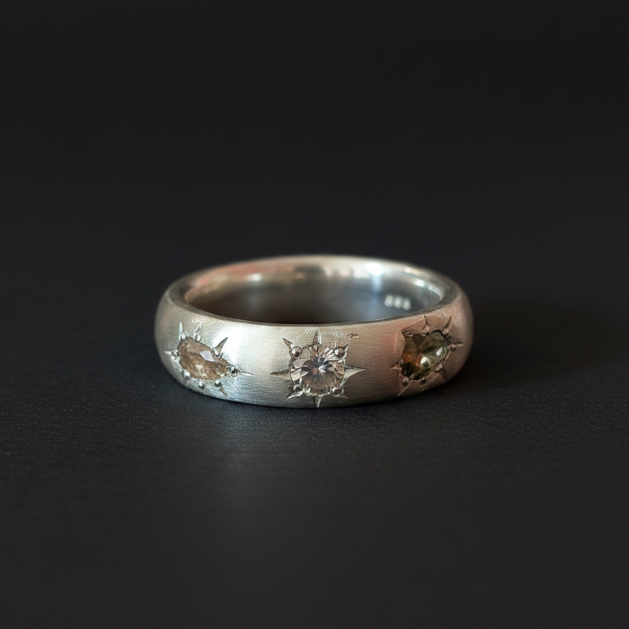 Ceres Silver Band | Green Tourmaline, Yellow, White & Blue Sapphire 2230-7