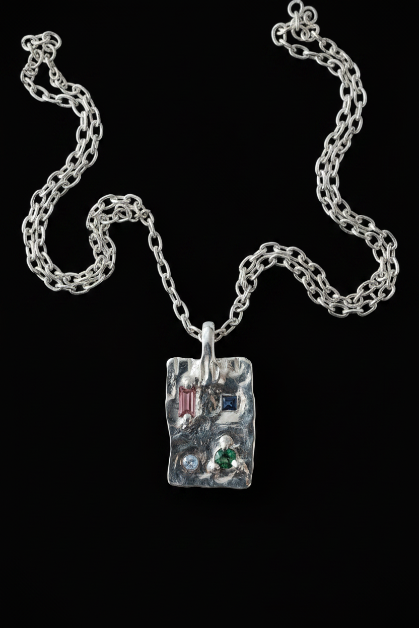 Talisman Ingot Silver Pendant | Garnet, Blue & Green Sapphire 1823-3