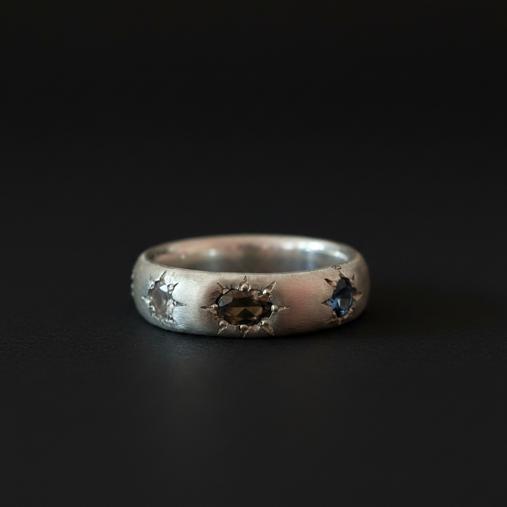 Ceres Silver Band | Green Spinel, Garnet, Blue & Peach Sapphire 2230-3