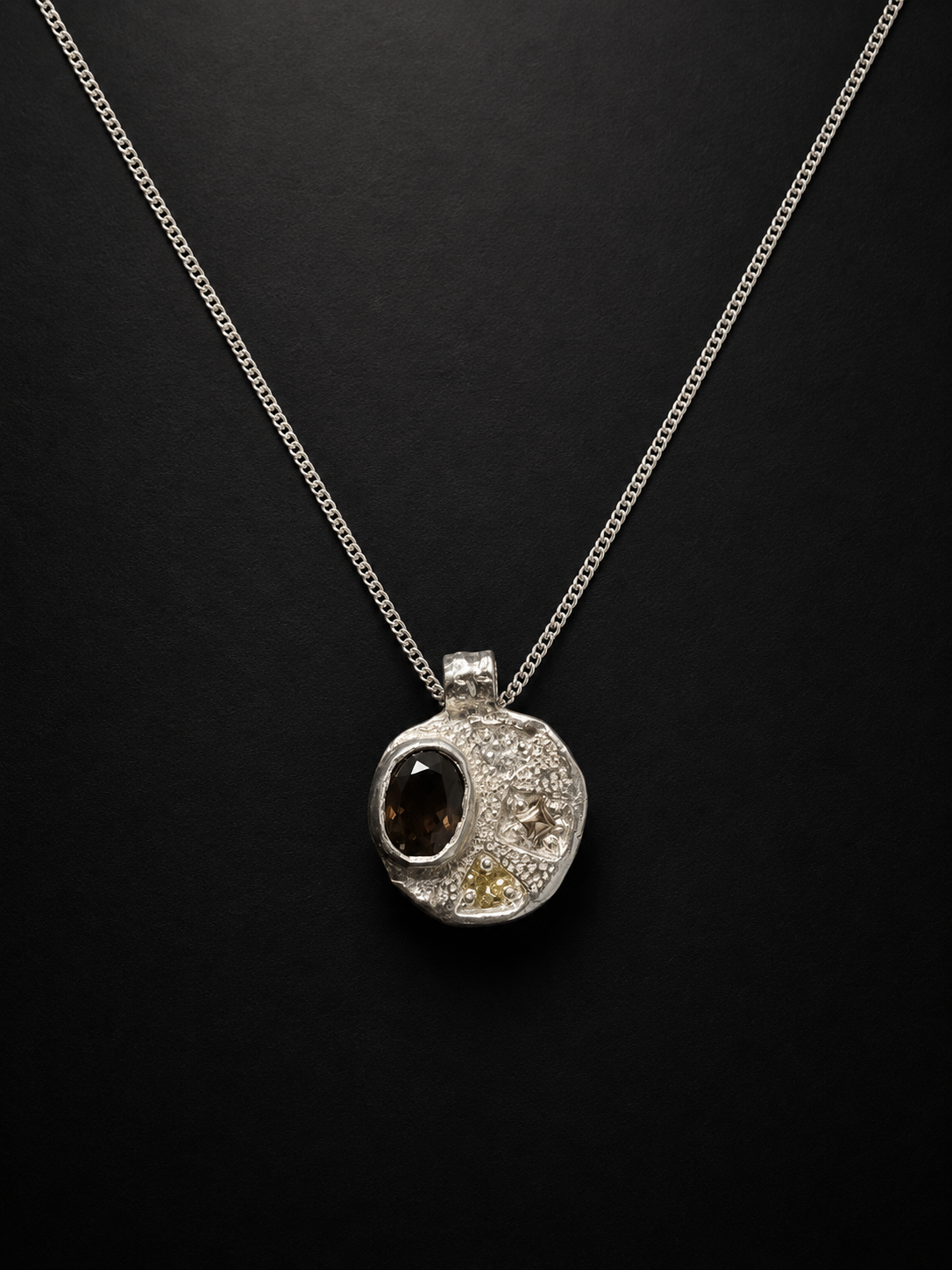 Sculpture Silver Pendant | Brown Zircon, Yellow & White Sapphire 2253-2