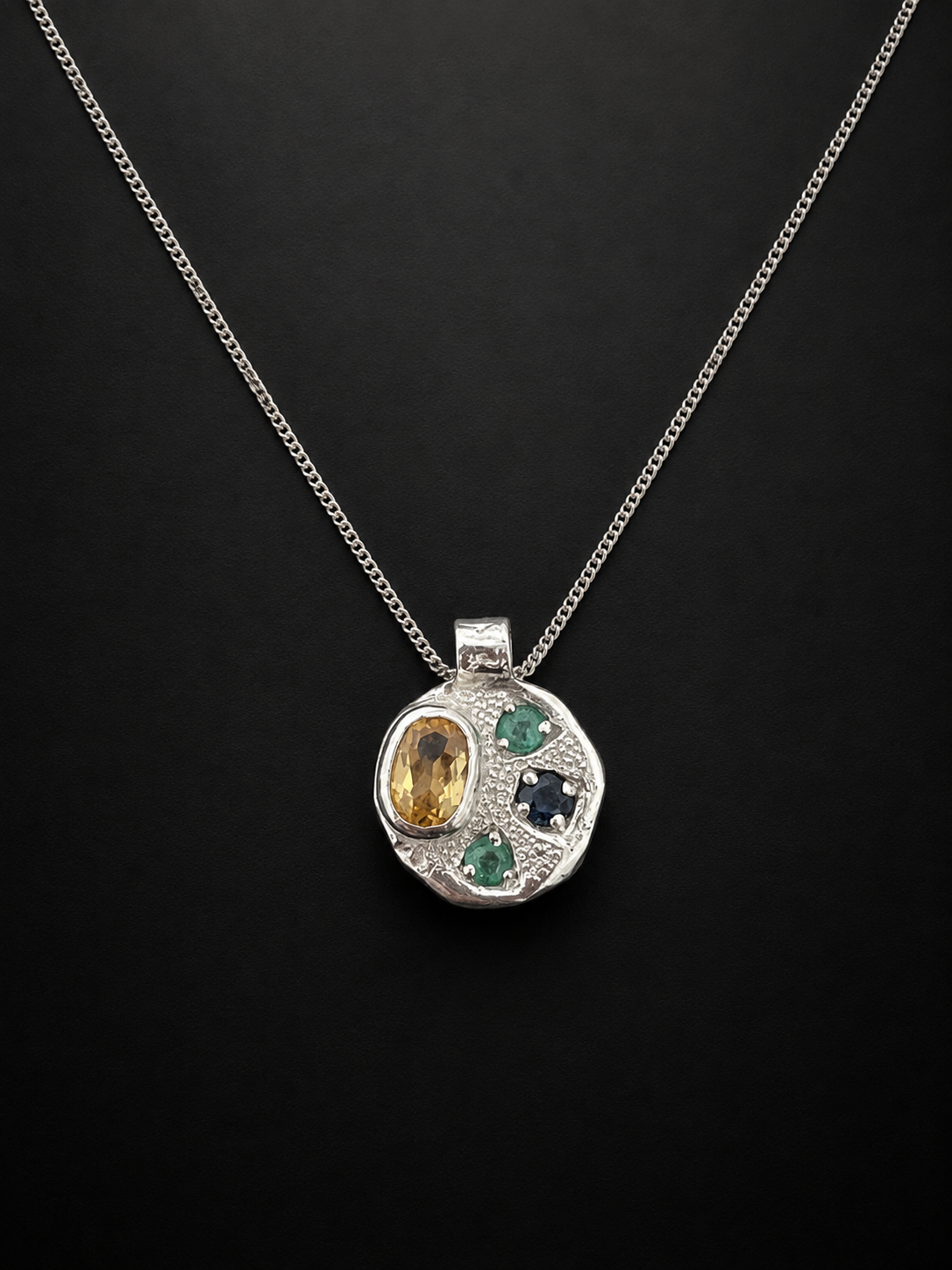 Sculpture Silver Pendant | Citrine, Emerald & Blue Sapphire 2253-4