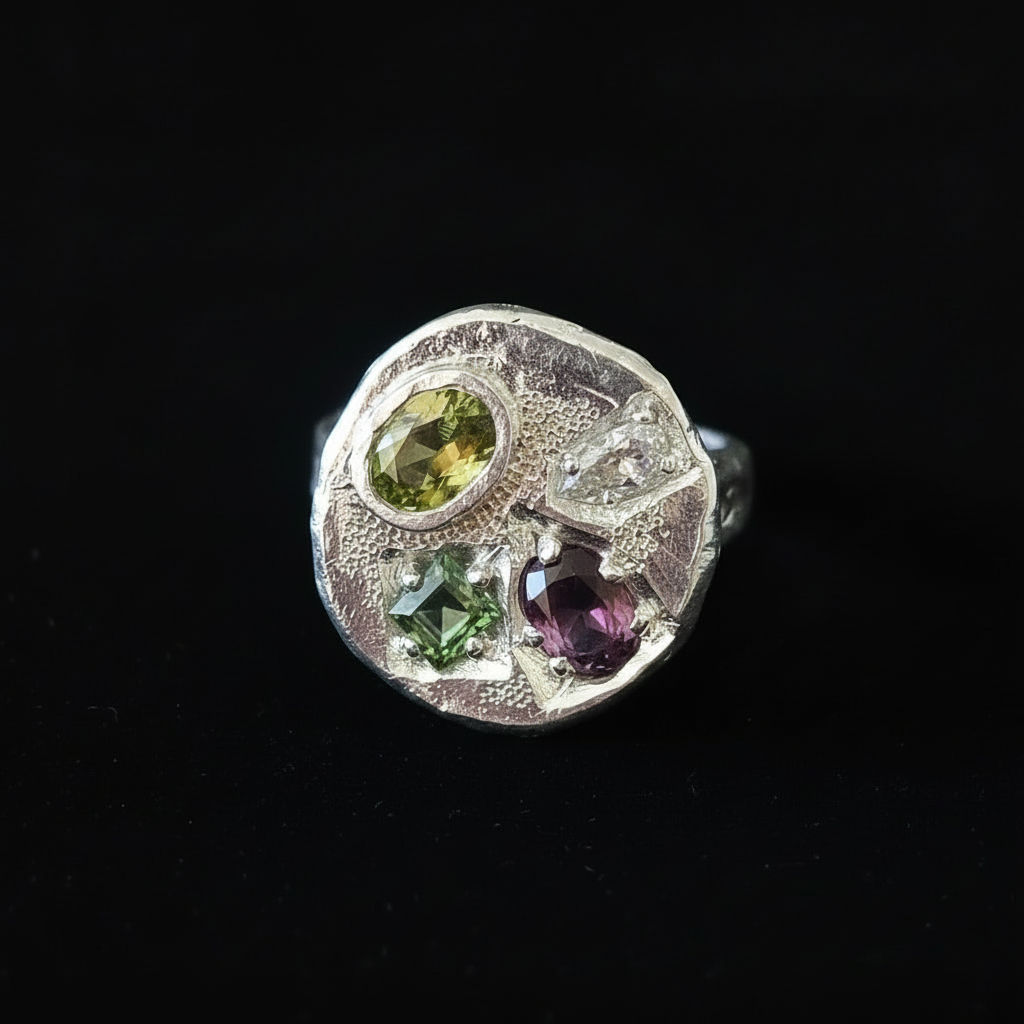 Palette Silver Ring | Peridot, White Sapphire, Green Tourmaline & Rhodolite Garnet 1482-4