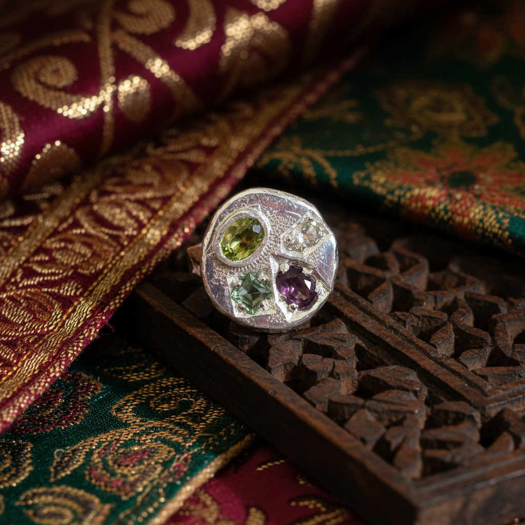 Palette Silver Ring | Peridot, White Sapphire, Green Tourmaline & Rhodolite Garnet 1482-4