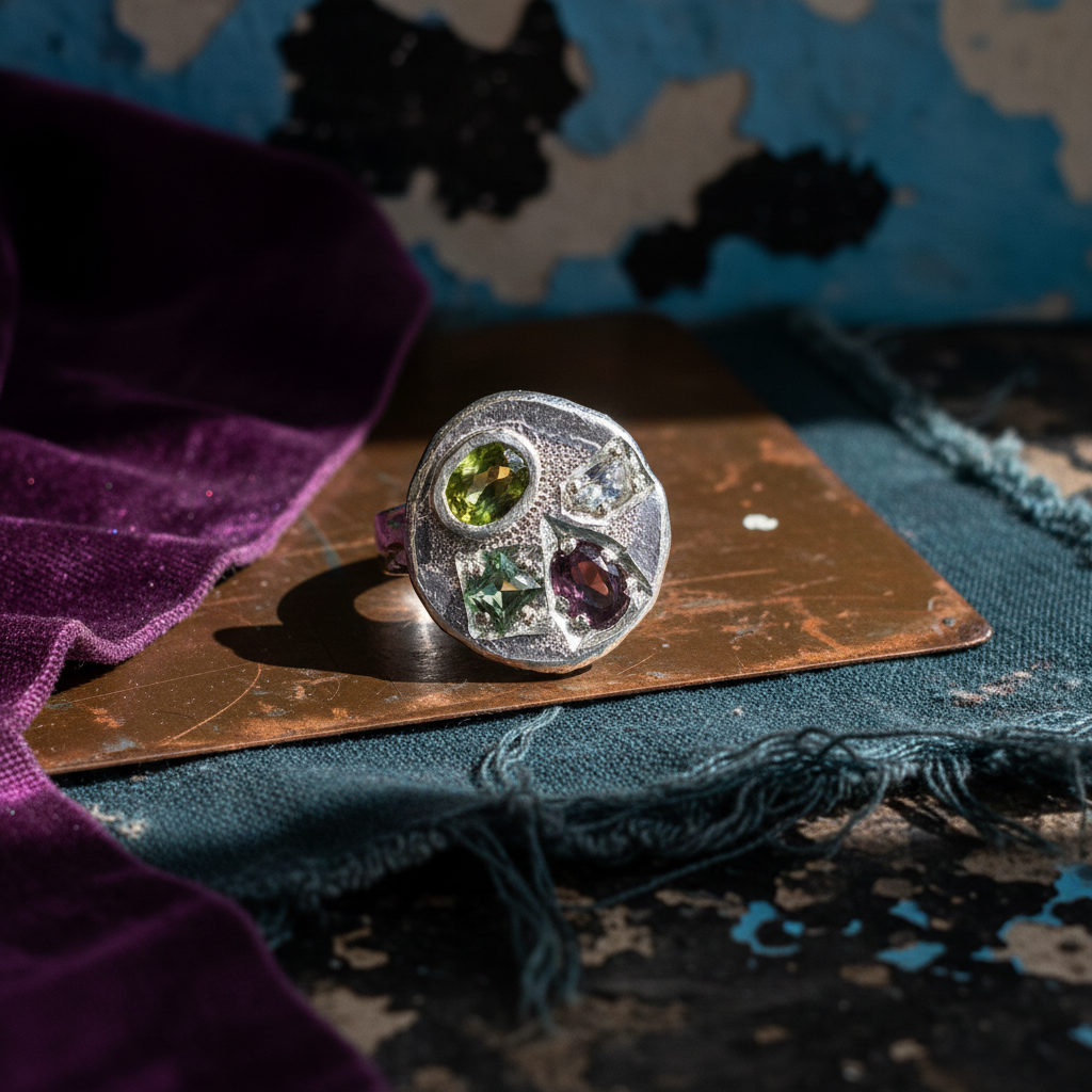 Palette Silver Ring | Peridot, White Sapphire, Green Tourmaline & Rhodolite Garnet 1482-4