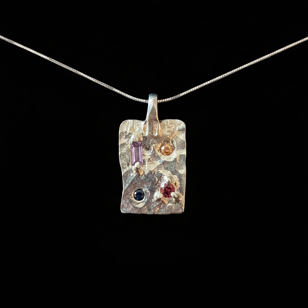 Talisman Ingot Silver Pendant | Pink Tourmaline, Pink, Blue & Orange Sapphire 1823-4