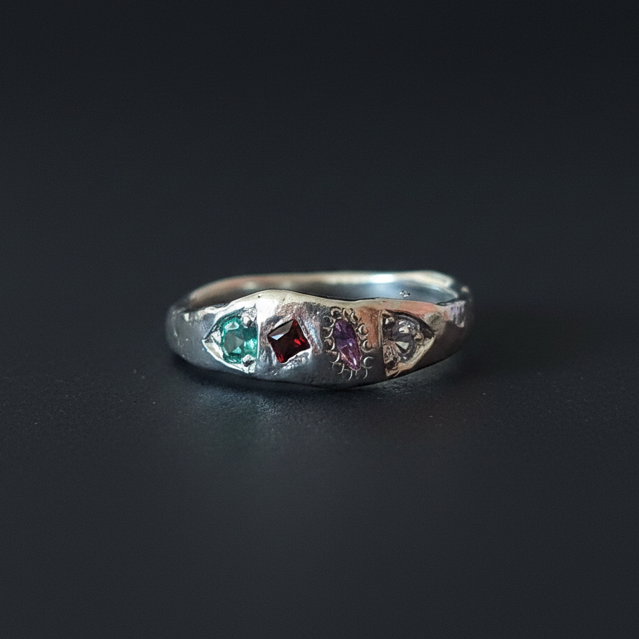 Dancer Silver Ring | Garnet, Emerald, Pink & Blue Sapphire 2103-4