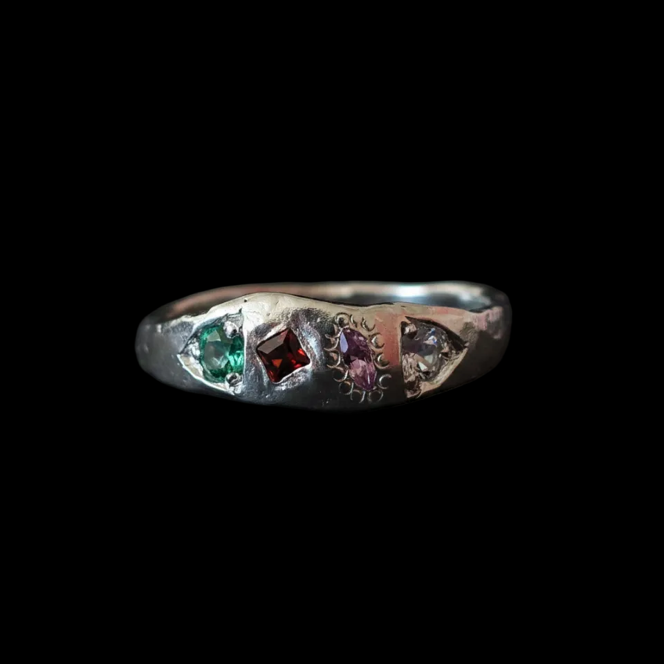 Dancer Silver Ring | Garnet, Emerald, Pink & Blue Sapphire 2103-4
