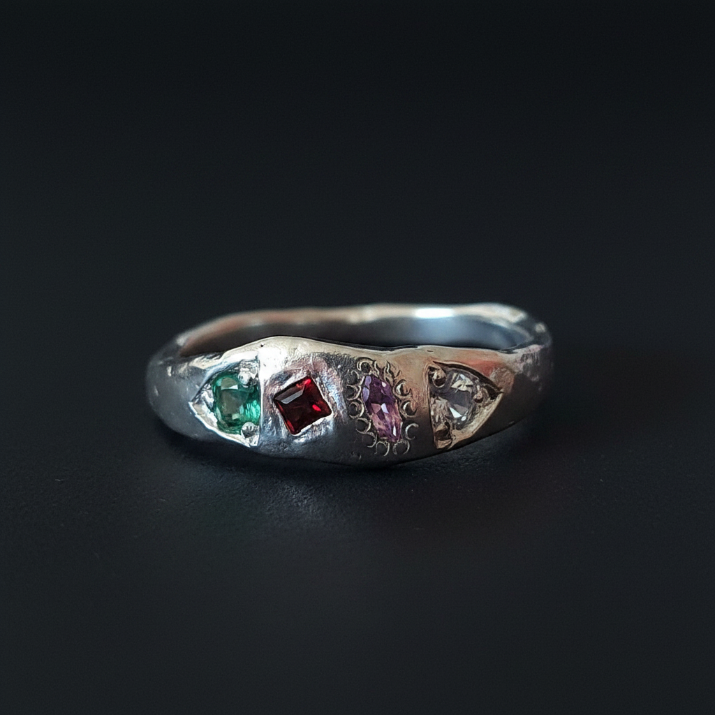 Dancer Silver Ring | Garnet, Emerald, Pink & Blue Sapphire 2103-4