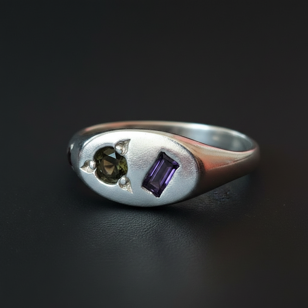 Pickle Mini Oval Silver Signet | Amethyst, Green Tourmaline & Garnet 2065-4