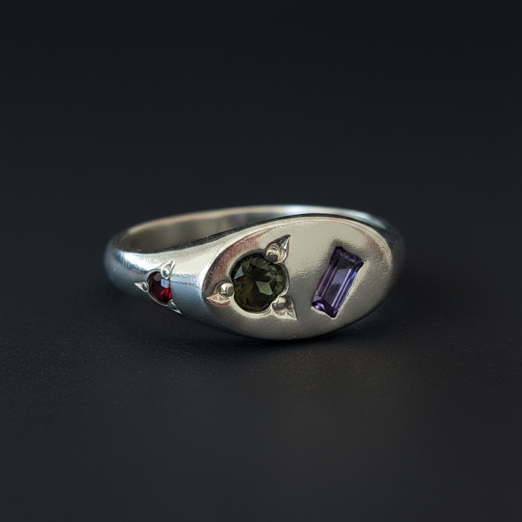 Pickle Mini Oval Silver Signet | Amethyst, Green Tourmaline & Garnet 2065-4