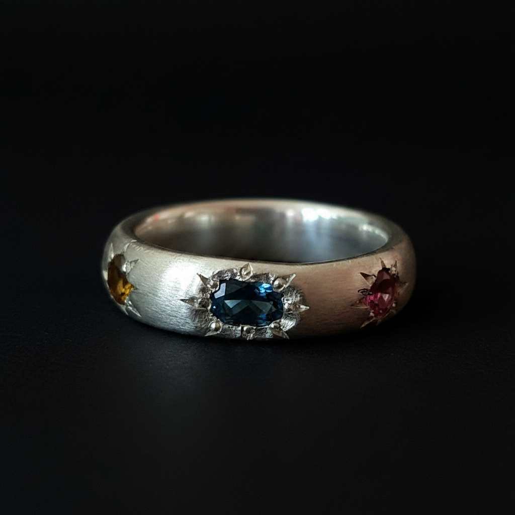 Ceres Silver Band | White Sapphire, Green Spinel, Yellow & Pink Tourmaline 2230-4