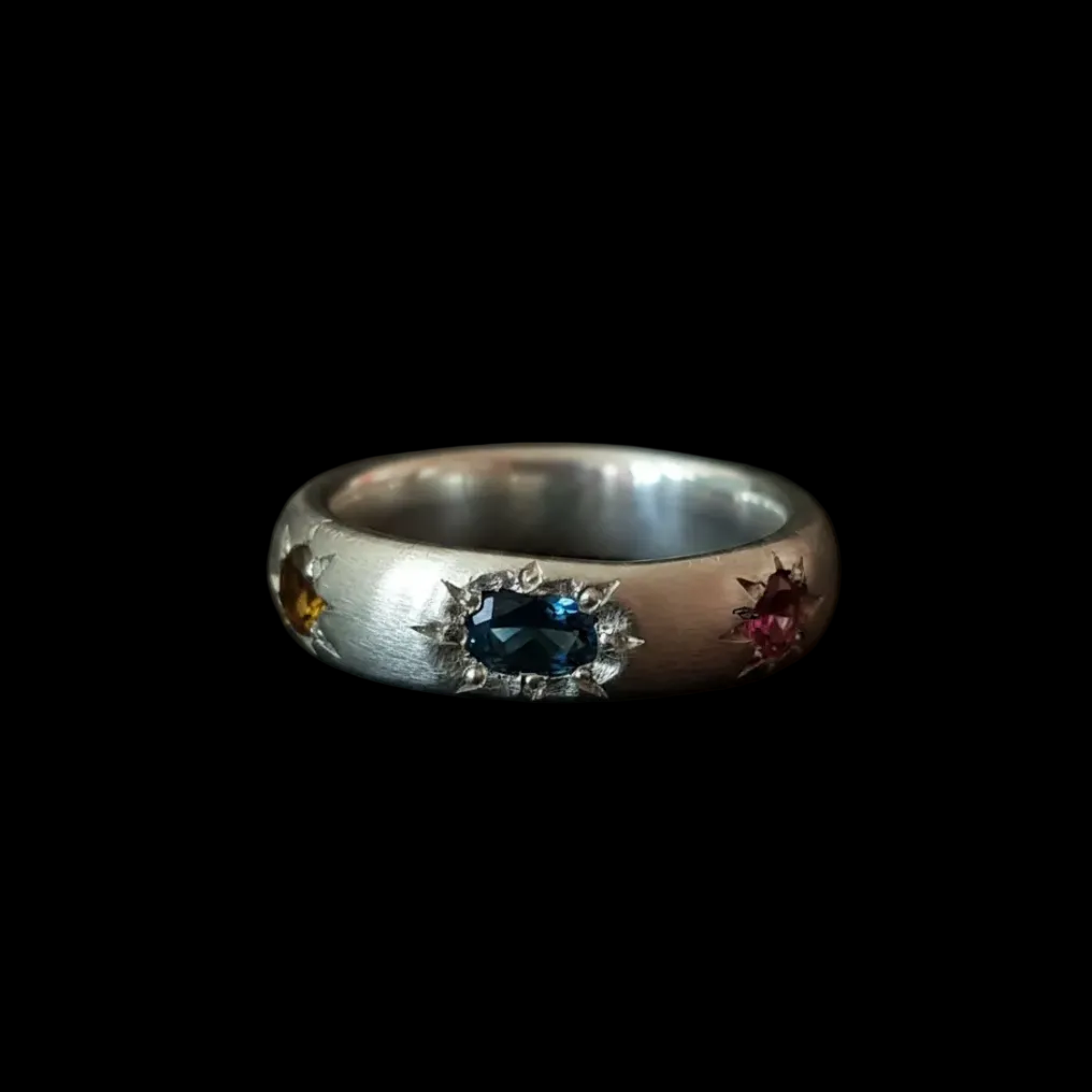 Ceres Silver Band | White Sapphire, Green Spinel, Yellow & Pink Tourmaline 2230-4