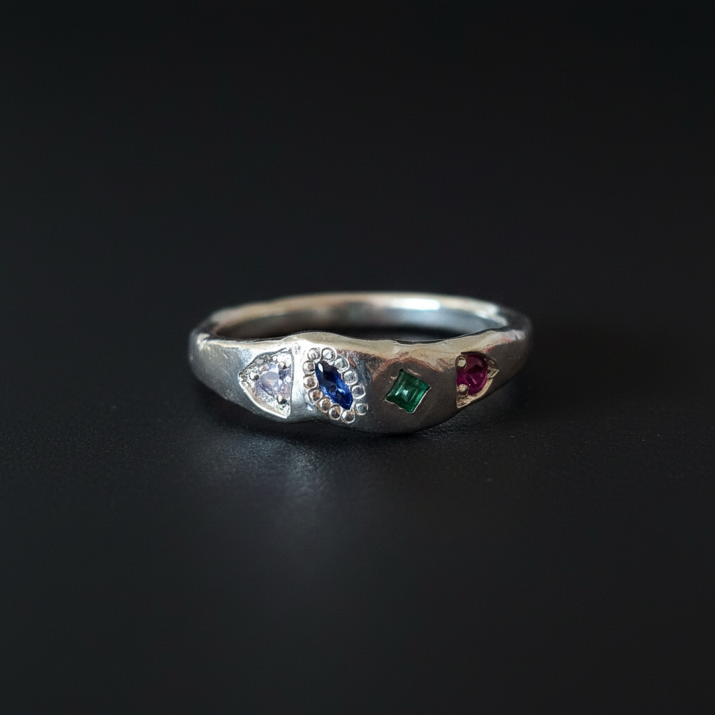 Dancer Silver Ring | Emerald, Ruby & Blue Sapphire 2103-5