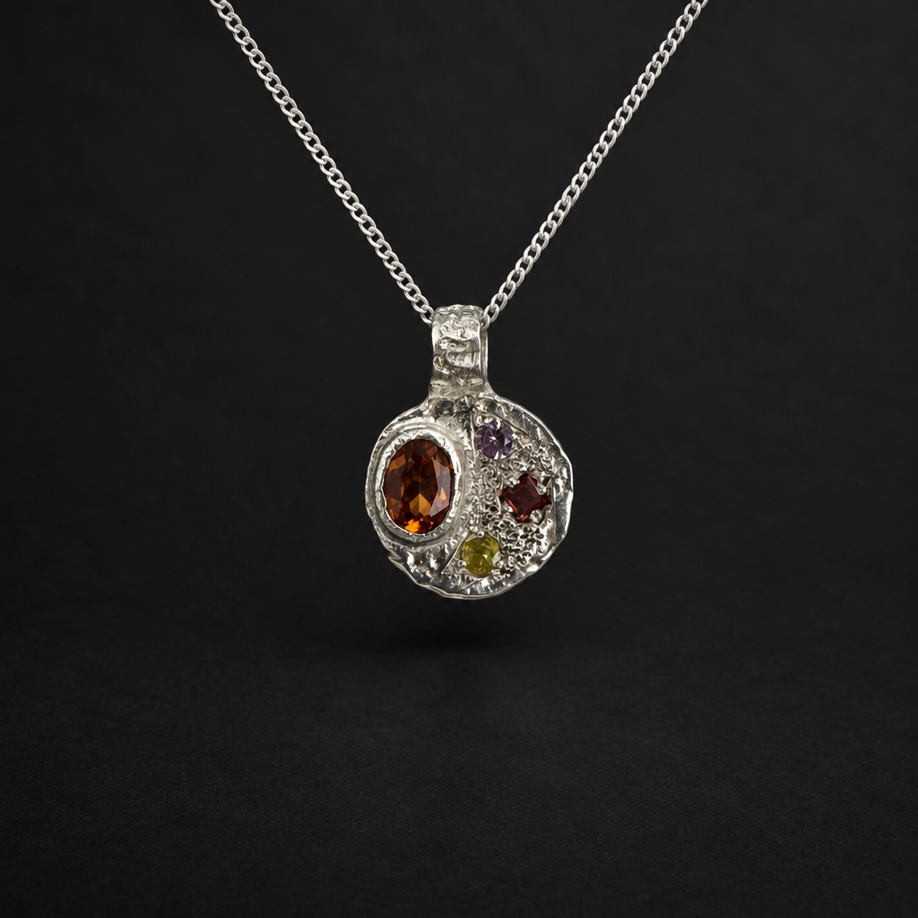 Sculpture Silver Pendant | Hessonite Garnet, Sapphire & Red Garnet 2275-6