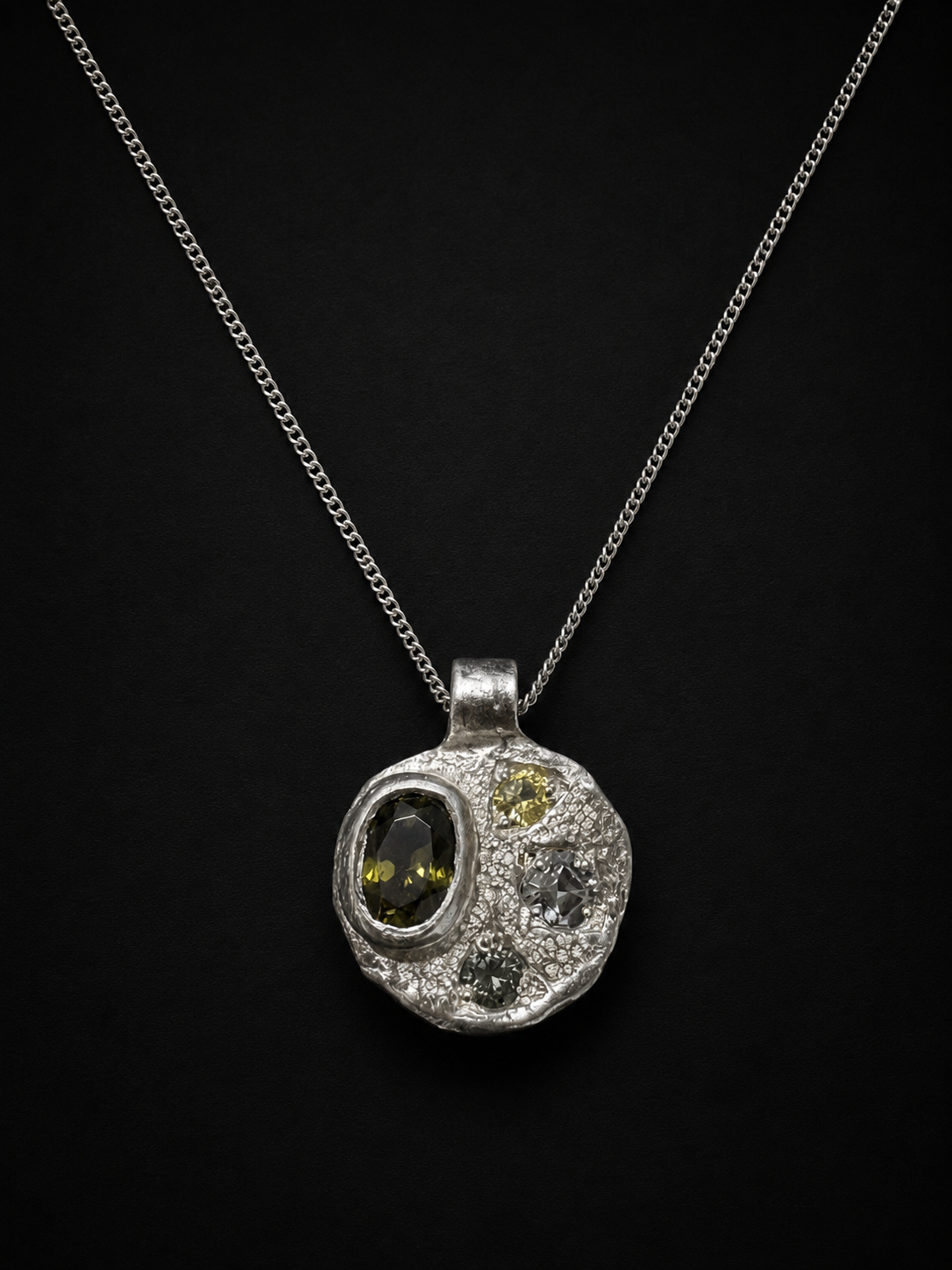 Sculpture Silver Pendant | Green Zircon, Yellow, White & Green Sapphire 2253-6