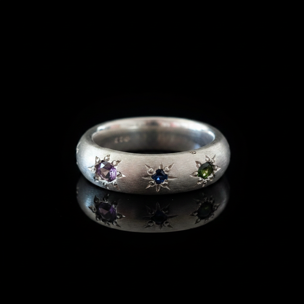 Ceres Silver Band | Green Tourmaline, Blue & Pink Sapphire 1593-6
