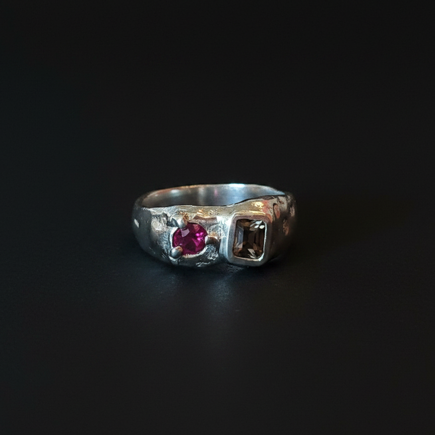 Duet Silver Ring | Ruby & Brown Zircon 2047-6