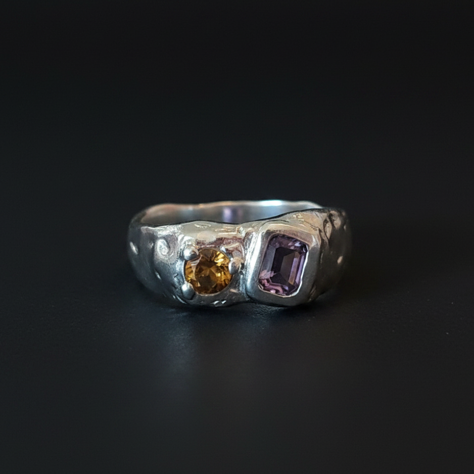 Duet Silver Ring - Amethyst & Yellow Tourmaline 2047-7