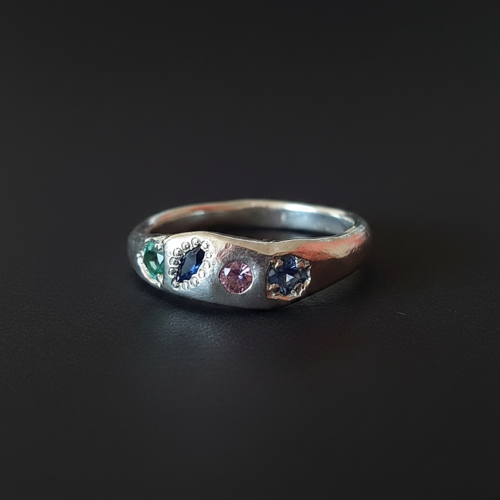 Dancer Silver Ring | Emerald, Pink & Blue Sapphire 2103-7