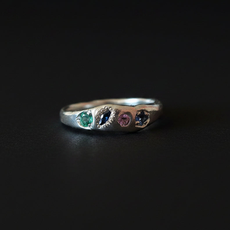 Dancer Silver Ring | Emerald, Pink & Blue Sapphire 2103-7