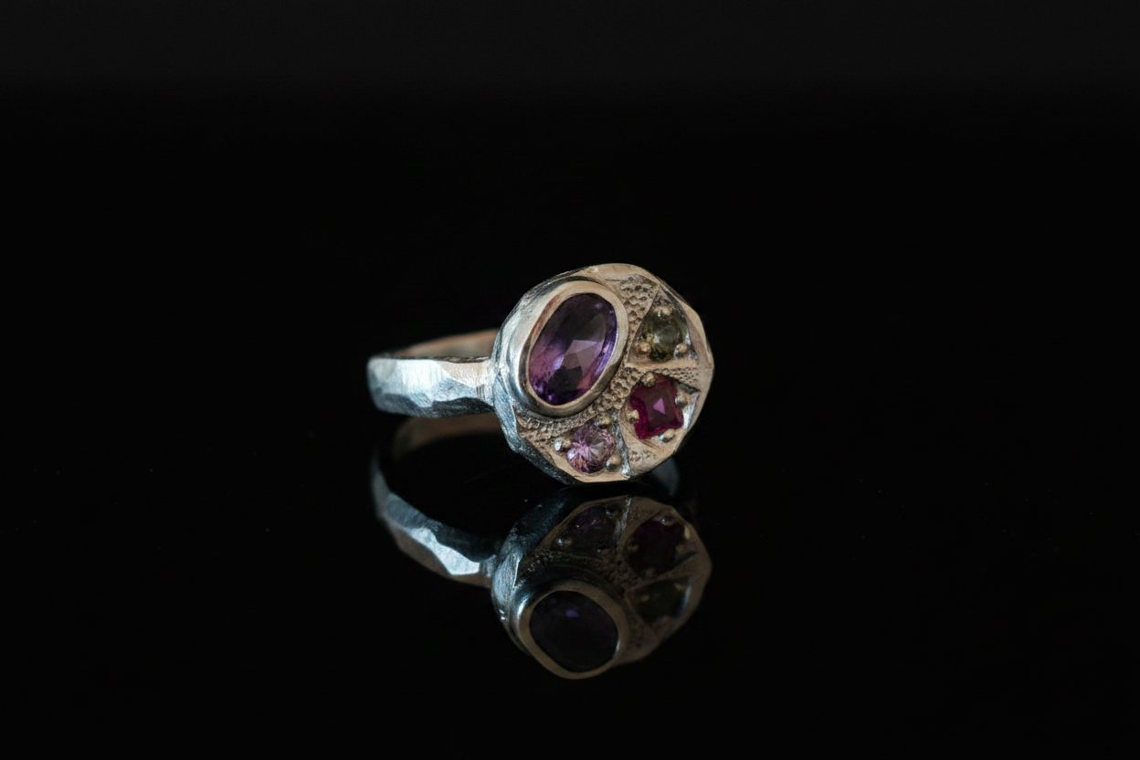 Sculpture Silver Ring | Amethyst, Pink Sapphire, Purple Sapphire & Green Sapphire 2064-7