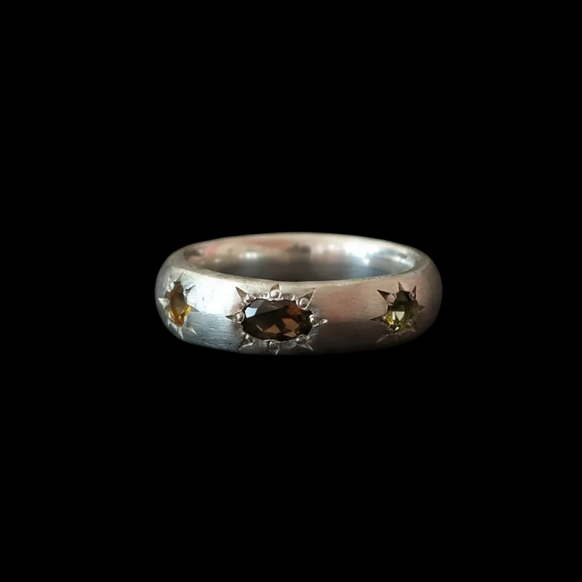 Ceres Silver Band | White Sapphire, Brown, Green & Yellow Tourmaline 2230-8