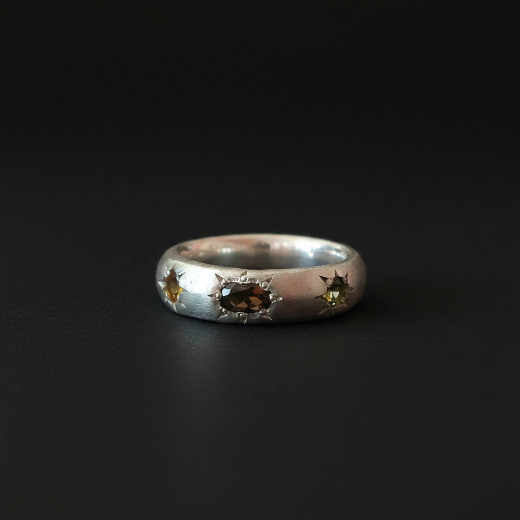 Ceres Silver Band | White Sapphire, Brown, Green & Yellow Tourmaline 2230-8