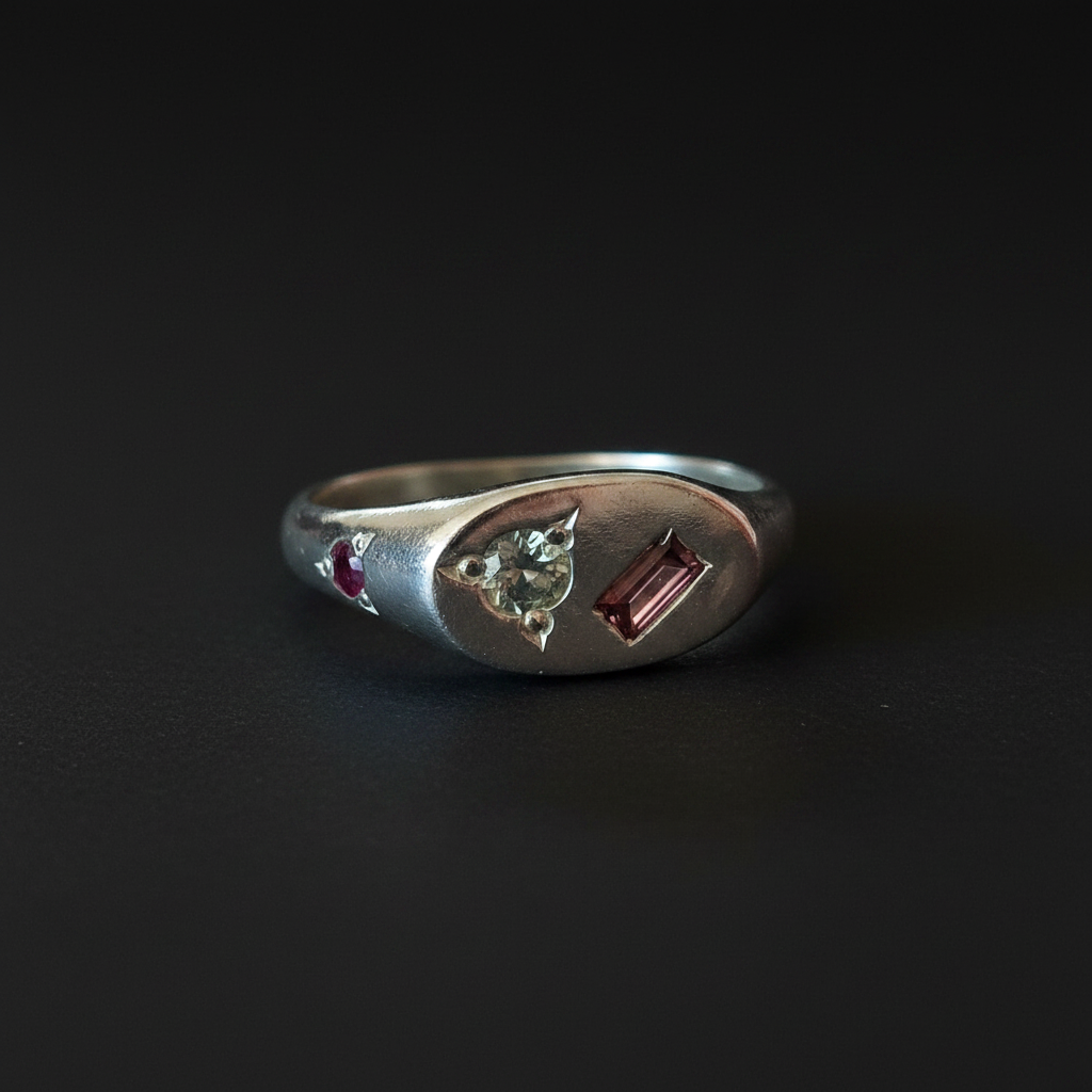 Pickle Mini Oval Silver Signet | Garnet, Ruby & White Sapphire 2065-8