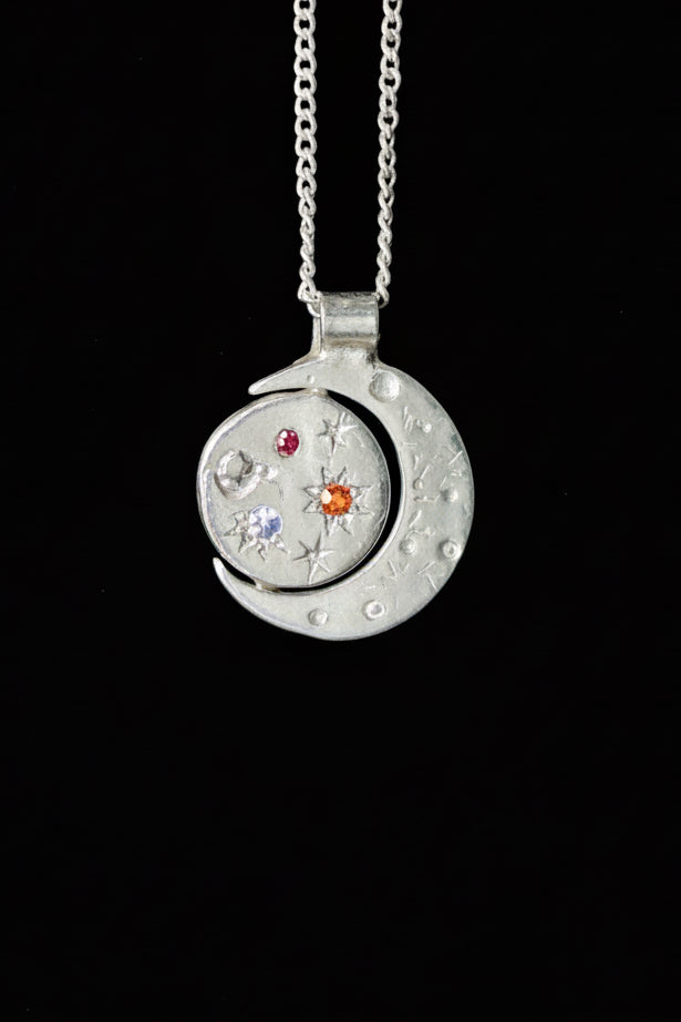 Pocket Galaxy Necklace -  Red Ruby, White sapphire, Orange Garnet - 2285-7