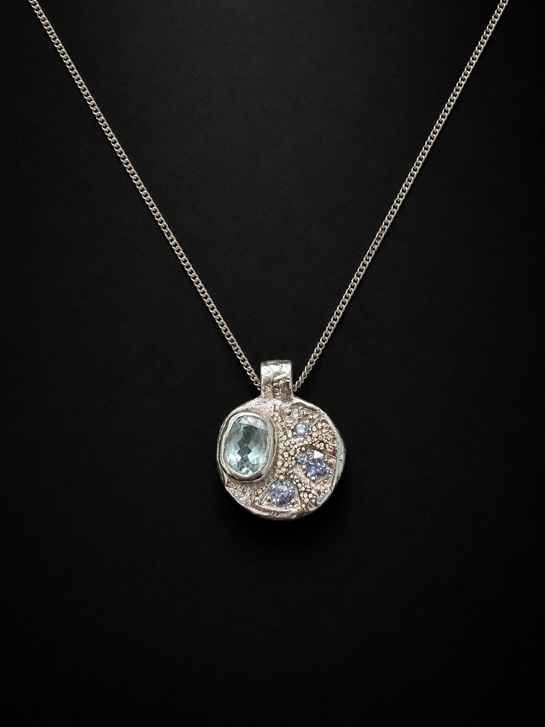 Sculpture Silver Pendant | Blue Topaz, White & Blue Sapphire 2253-3